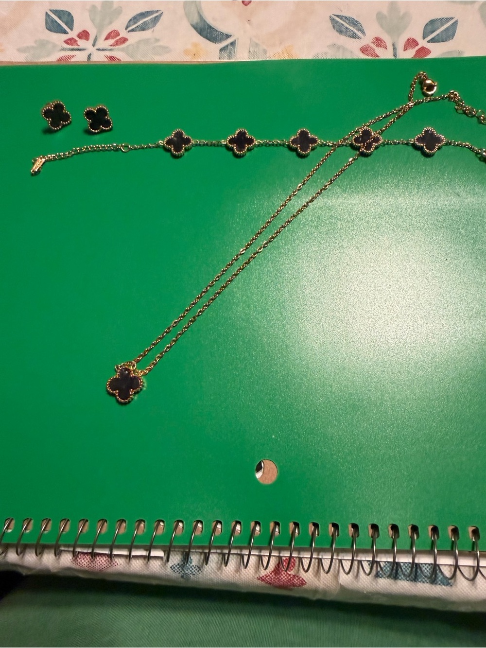 Gold Four-Leaf Clover Necklace, Bracelet and Stud Earring Set - Black Inlay